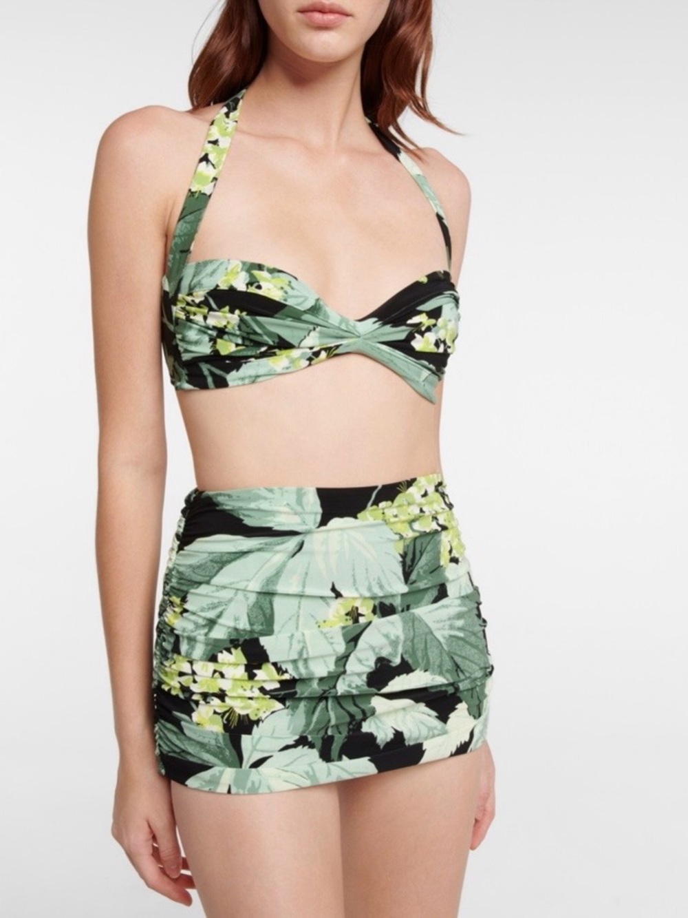 Norma Kamali Green Floral Twist Bandeau Bikini with High-Waist Skirt